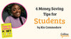 A photo of a smiling woman is featured in a circular frame. Below is the book cover of ‘How to Handle Money’. Next to her, the text reads ‘6 Money Saving Tips for Students’ and 'by Kia Commodore’. 