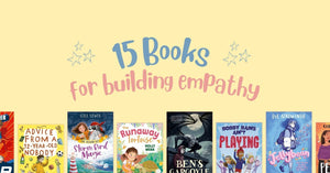 '15 Books for building empathy' on a yellow background above an array of Barrington Stoke books