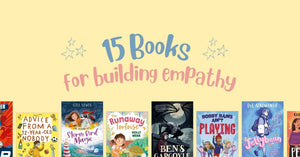 '15 Books for building empathy' on a yellow background above an array of Barrington Stoke books
