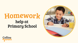 A photo of a boy writing is featured in a circular frame. Next to the image, the text reads ‘Homework help at Primary School’, with the ‘Collins4Parents’ logo at the bottom left.