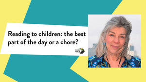 'Reading to children: the best part of the day or a chore?' with a photo of Alison David and the Reading Force logo on a blue and yellow background