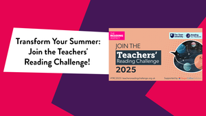 'Transform Your Summer: Join the Teachers' Reading Challenge!' with the Teachers' Reading Challenge logo on a pink and purple background