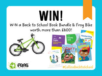 A graphic with a blue border and an orange ribbon at the top. The text reads “WIN! Win a Back to School Bundle & Frog Bike worth more than £600!”. The background is white and shows a selection of book covers and a Frog Bike, alongside the Frog Bike logo and #CollinsBackToSchool.